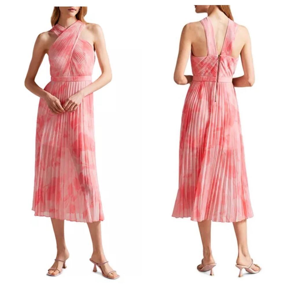 Ted Baker Allover Mirelia Crisscross Halter Pleated Midi Dress Size 6 US 14 NWT